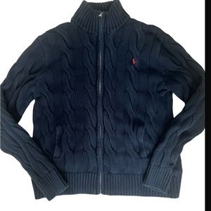 Ralph Lauren Navy Cable-Knit Zip Cardigan with Red Pony